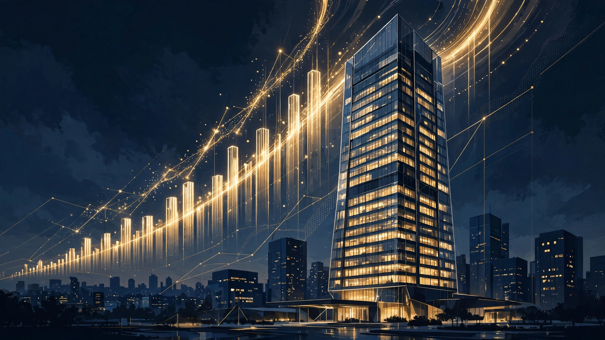 Illustrated venture capital skyline with rising unicorns — Serena Ventures' portfolio