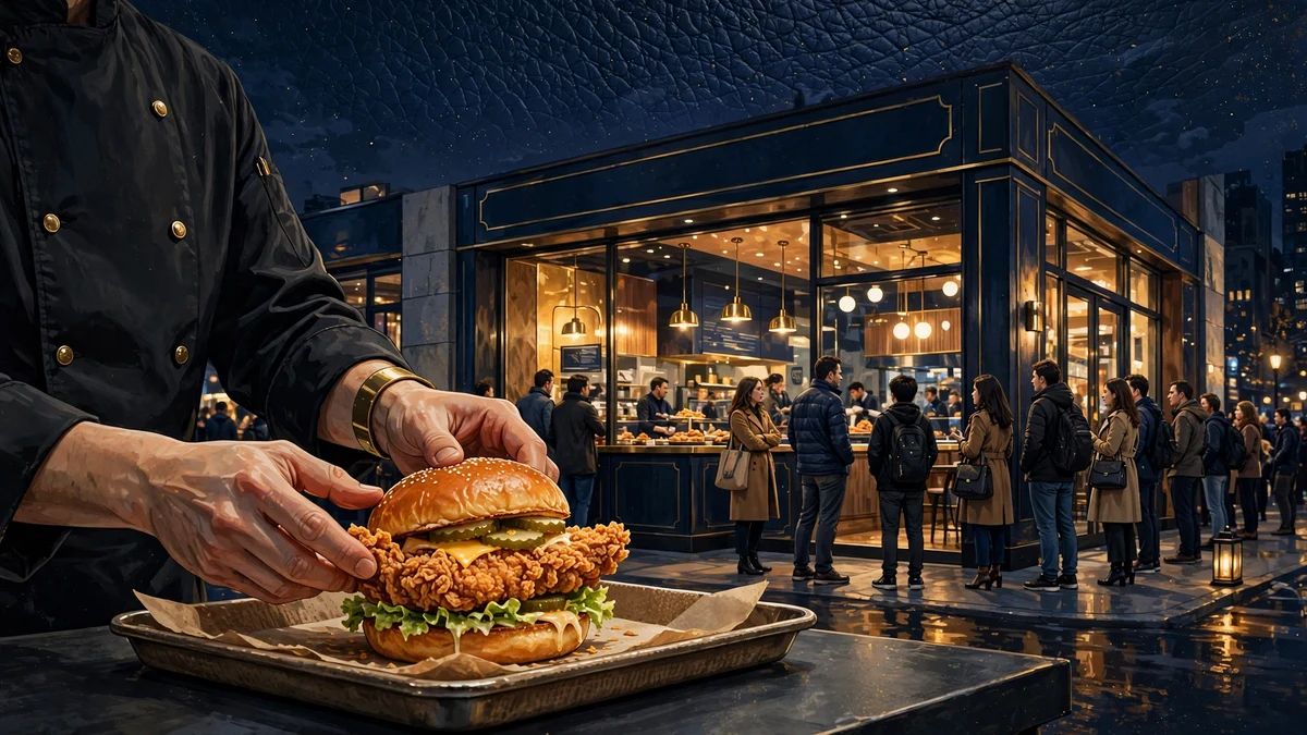 Illustrated Big Chicken restaurant storefront at night with a line of customers — Shaquille O’Neal franchise empire