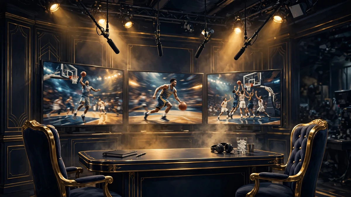 Illustrated TV broadcast studio desk under golden lights — Inside the NBA analyst era