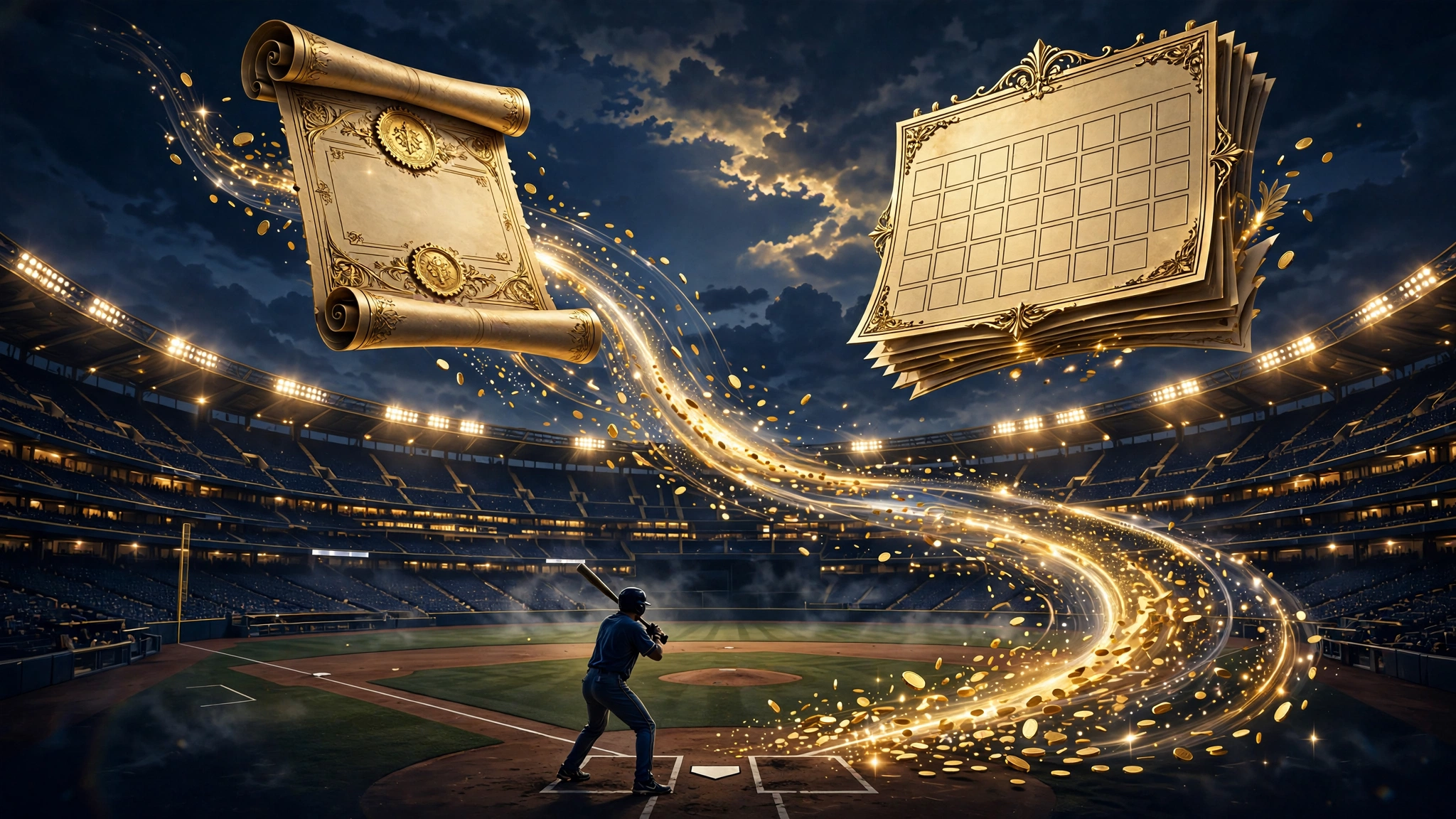 Illustrated scene of a baseball stadium at dusk with a stylized contract document and calendar motif representing Shohei Ohtani's deferred $700 million Dodgers contract