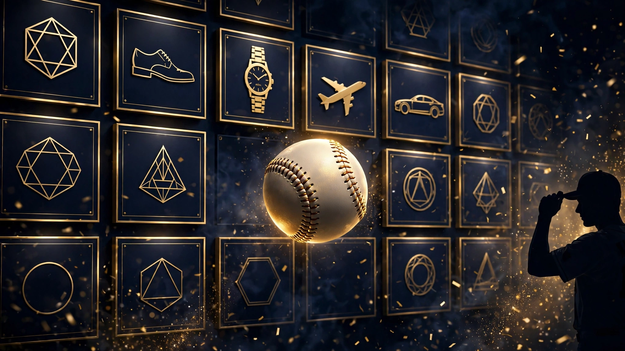 Illustrated wall of stylized sponsor brand panels and a baseball in gold and navy tones representing Shohei Ohtani's record $125 million endorsement portfolio