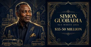 Simon Guobadia net worth 2026 — estimated $35 to $50 million fortune infographic