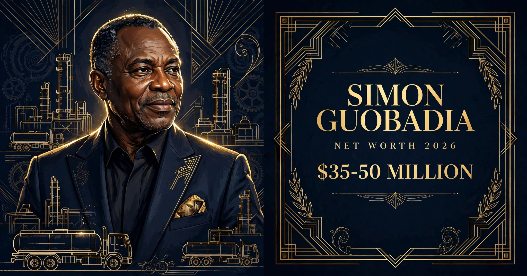 Simon Guobadia net worth 2026 — estimated $35 to $50 million fortune infographic