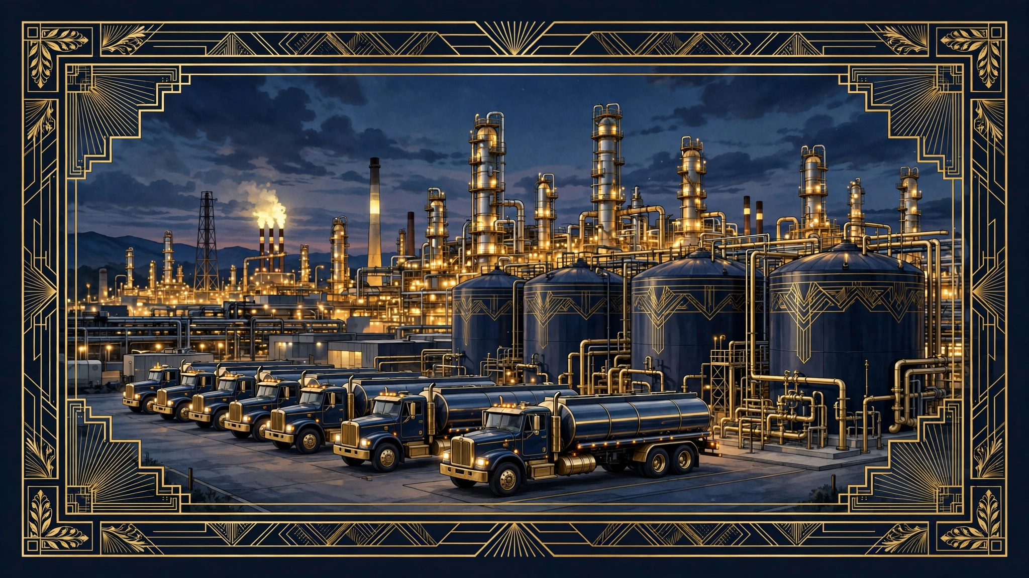 Illustrated petroleum distribution terminal with fuel tanker trucks in dark navy and gold, evoking Simon Guobadia's SIMCOL fuel business