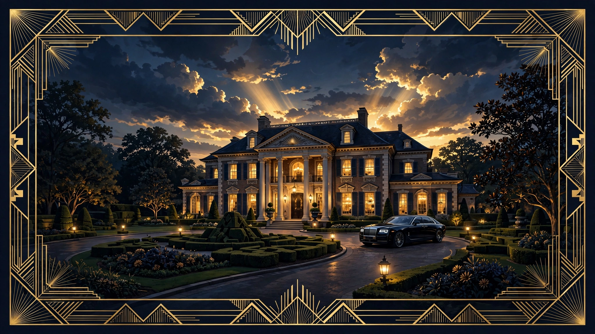 Illustrated luxury Atlanta mansion at dusk in dark navy and gold tones, representing the property at the center of Simon Guobadia's divorce settlement