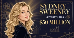 Sydney Sweeney net worth 2026 — estimated $40 to $50 million fortune infographic