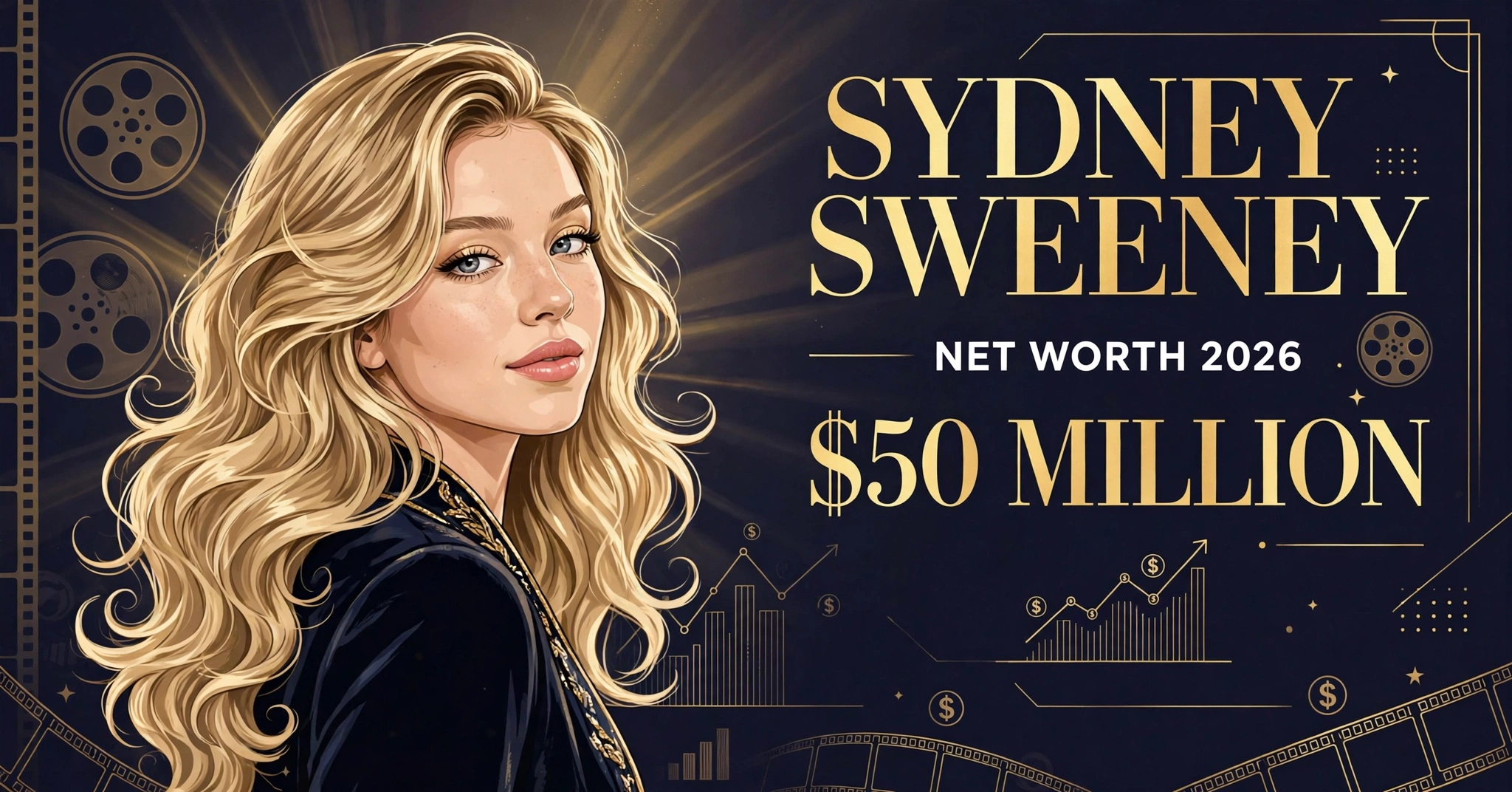 Sydney Sweeney net worth 2026 — estimated $40 to $50 million fortune infographic