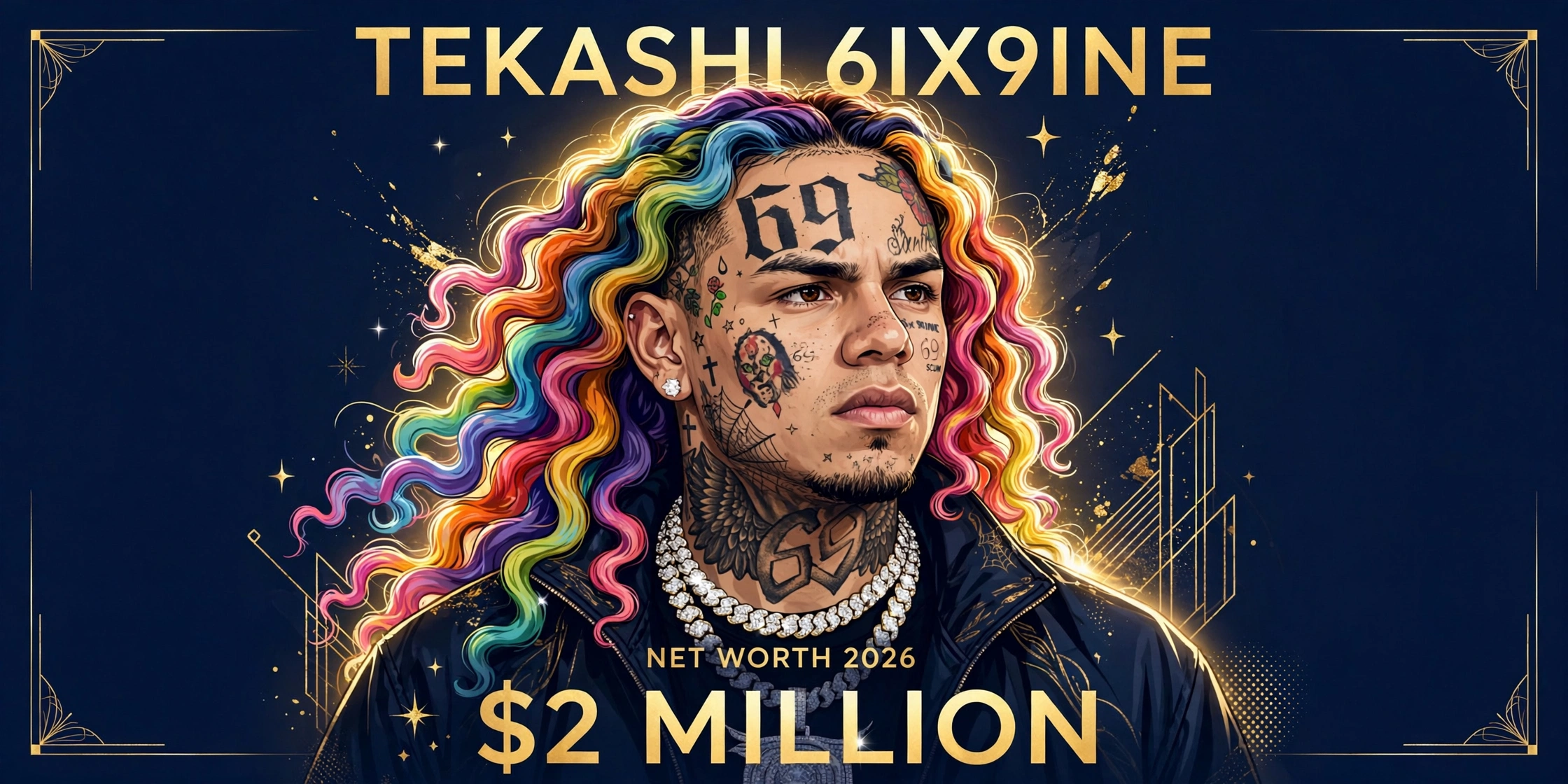 Tekashi 6ix9ine net worth 2026 — illustrated portrait
