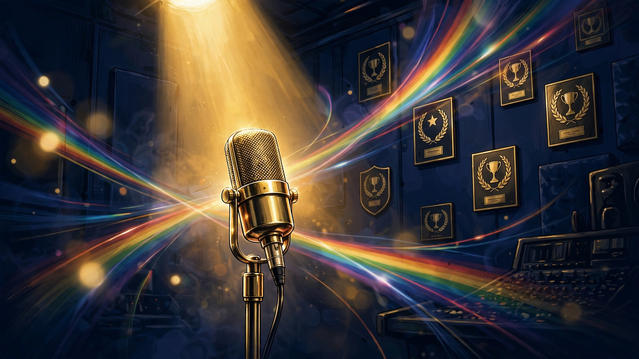 Illustrated recording studio scene with a microphone and rainbow accents representing 6ix9ine's peak music era