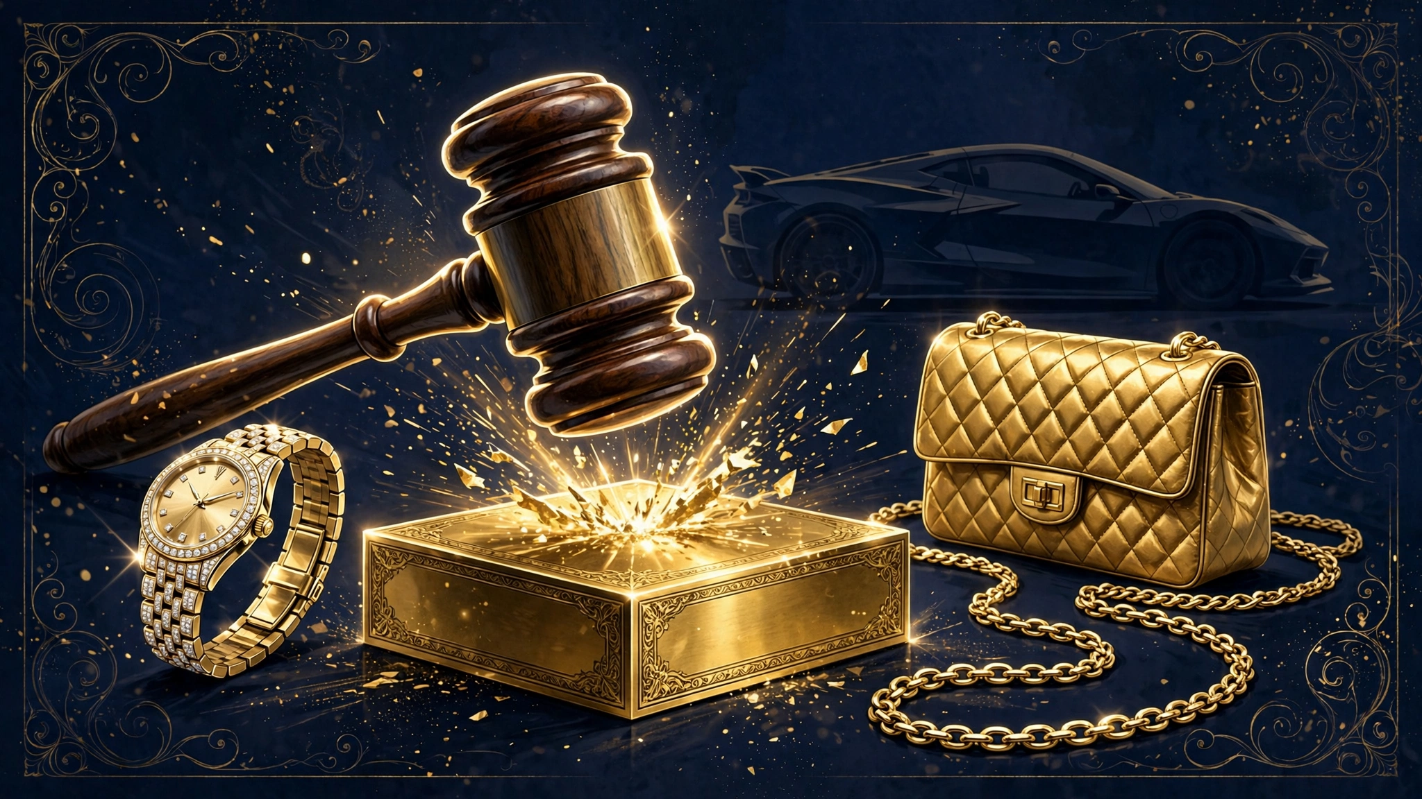 Illustrated auction gavel and luxury items representing the IRS seizure and auction of 6ix9ine's possessions