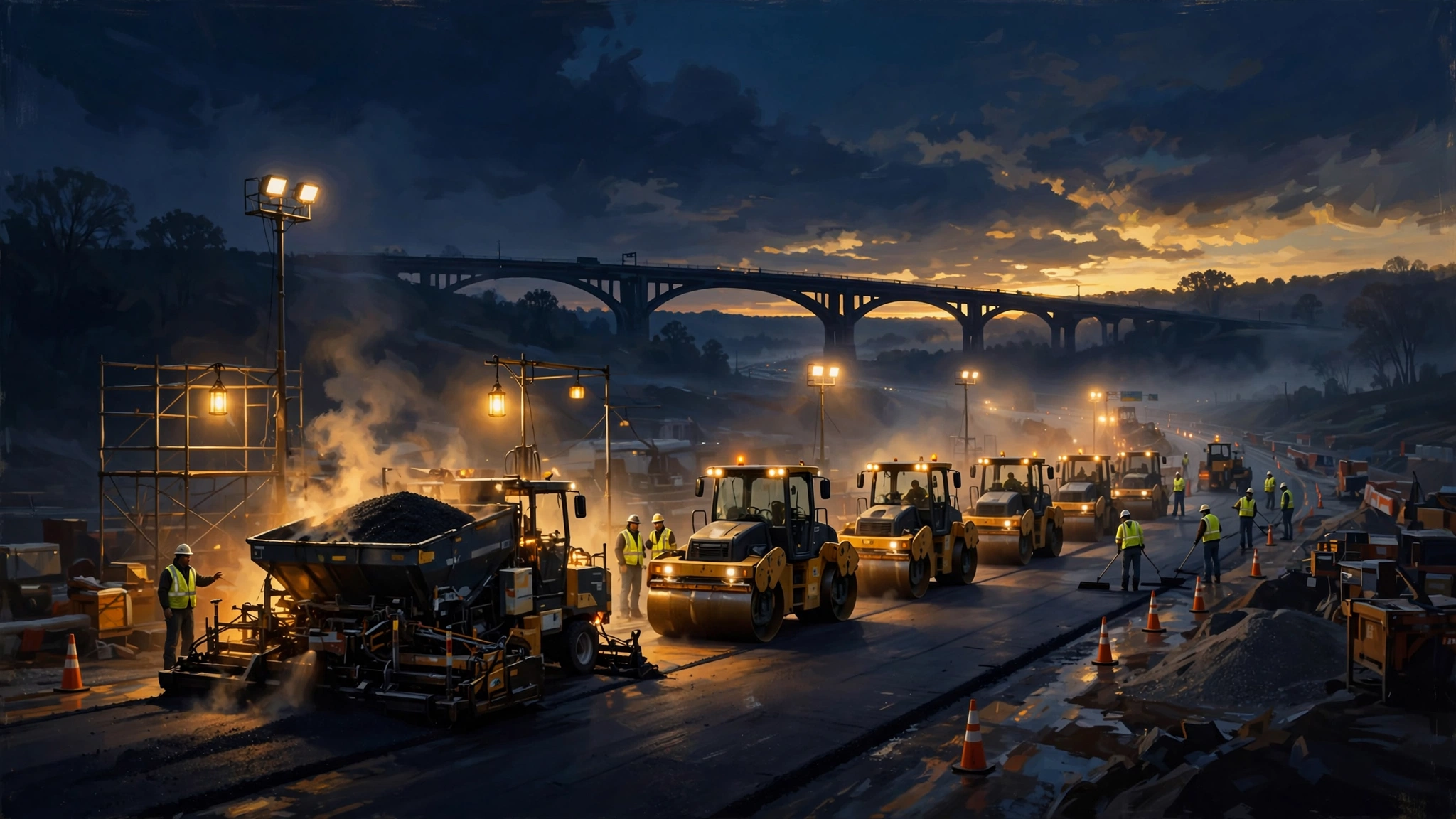 Night highway paving crew with rollers and asphalt machinery — The Earle Companies construction empire