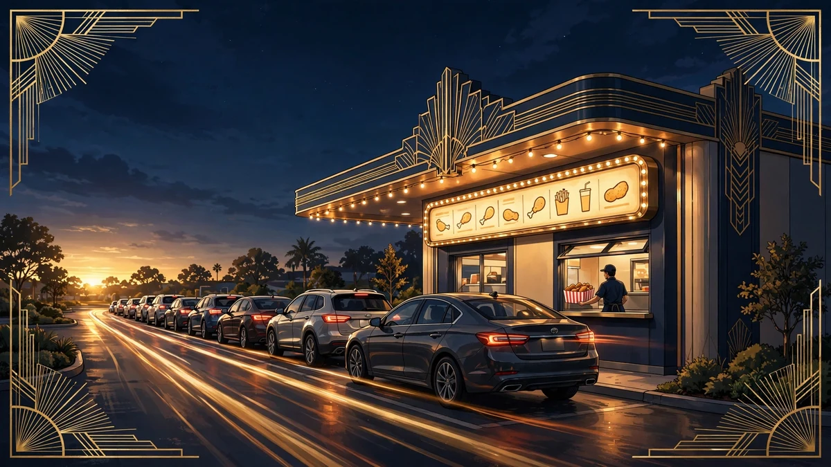 Illustrated scene of a Raising Cane's chicken-finger restaurant drive-thru at golden hour, cars lined up beneath a navy and gold art-deco frame