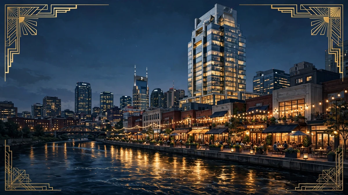 Illustrated Nashville skyline at dusk with a luxury high-rise and restaurant row, navy and gold art-deco styling, evoking Todd Graves' real estate investments