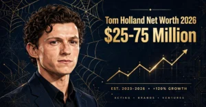 Tom Holland net worth 2026 — estimated $25 to $75 million fortune infographic