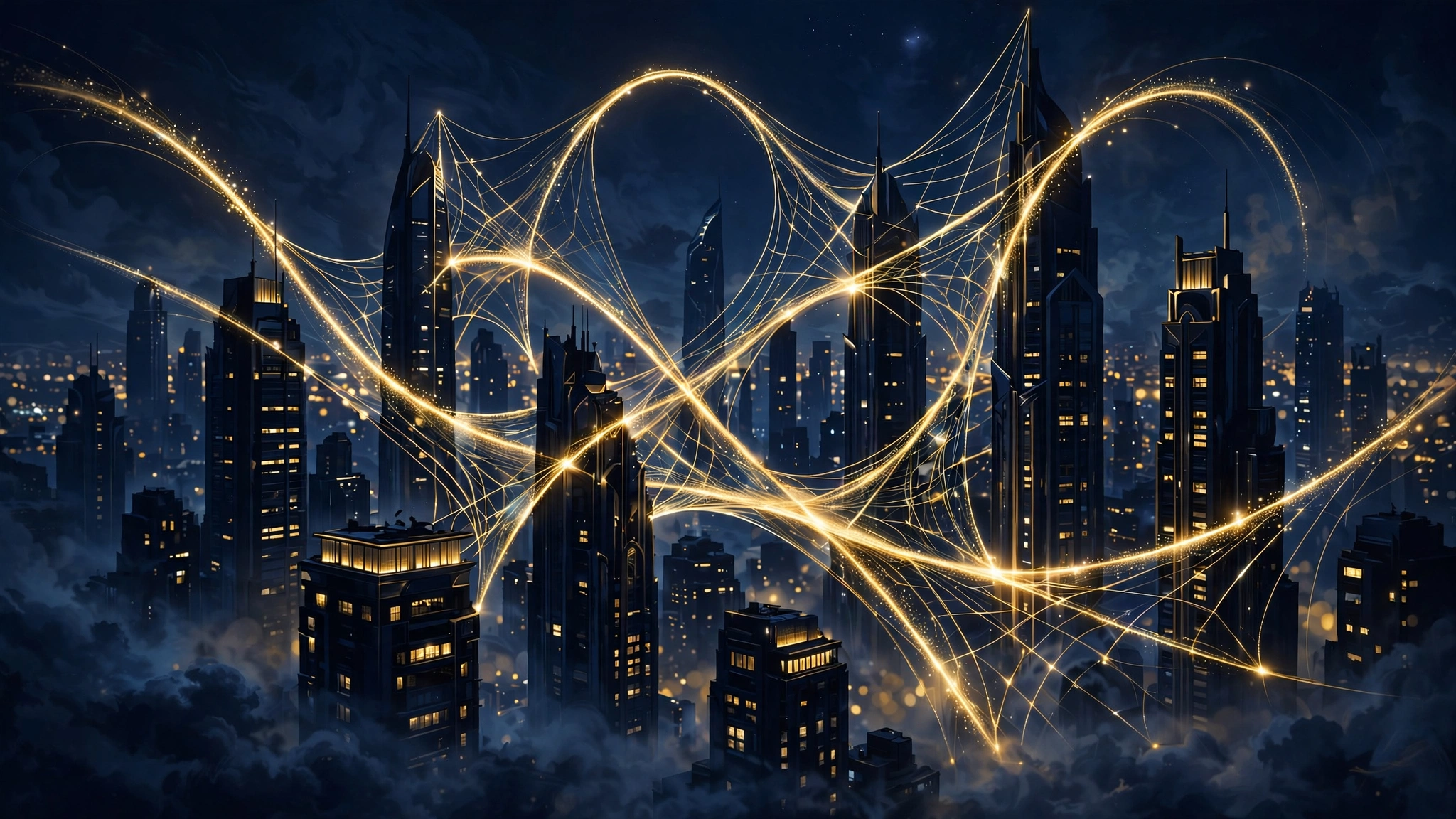 Illustrated city skyline with golden web light trails — Tom Holland's box-office era