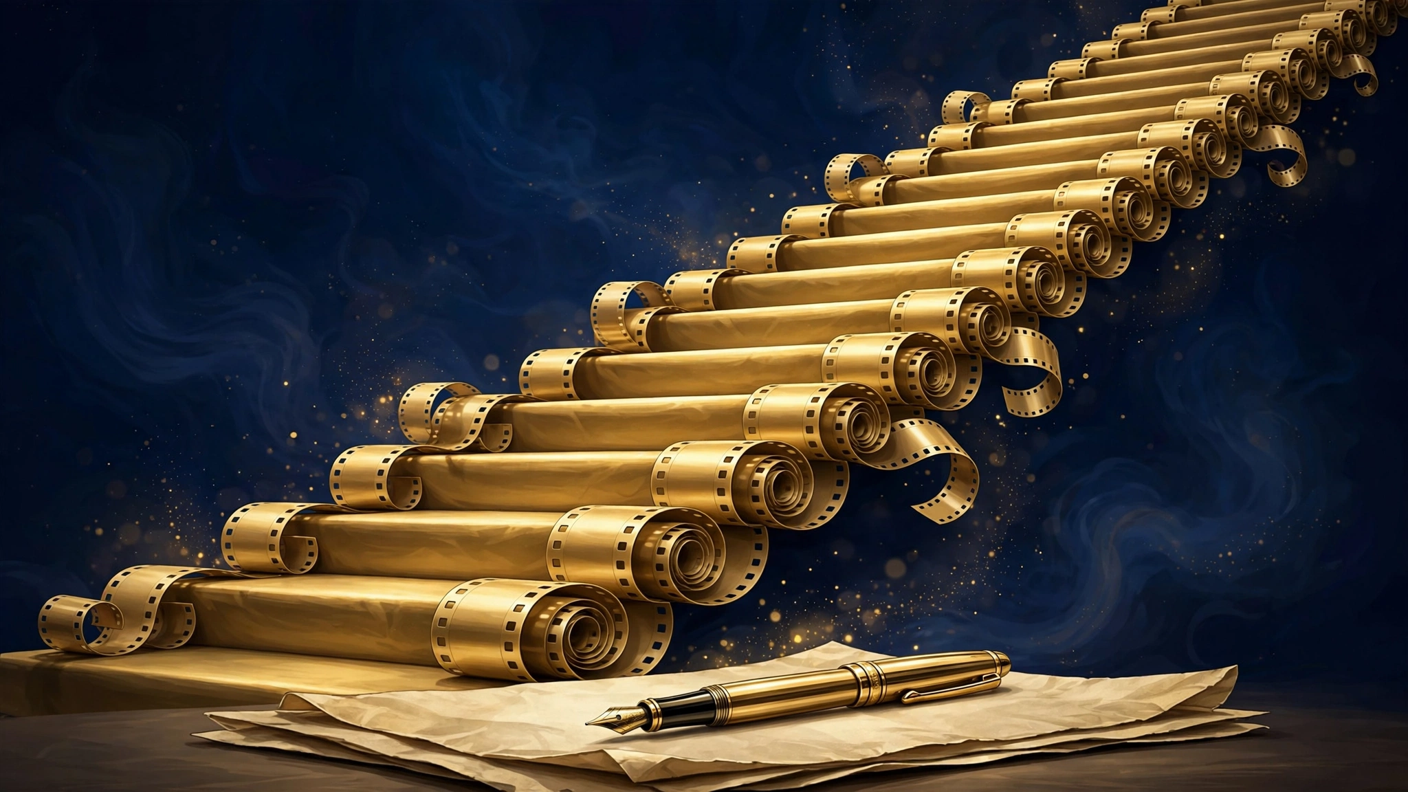 Illustrated golden film-strip steps with a fountain pen on a contract — Tom Holland's salary climb