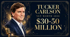 Tucker Carlson net worth 2026 — estimated $30 to $50 million fortune infographic