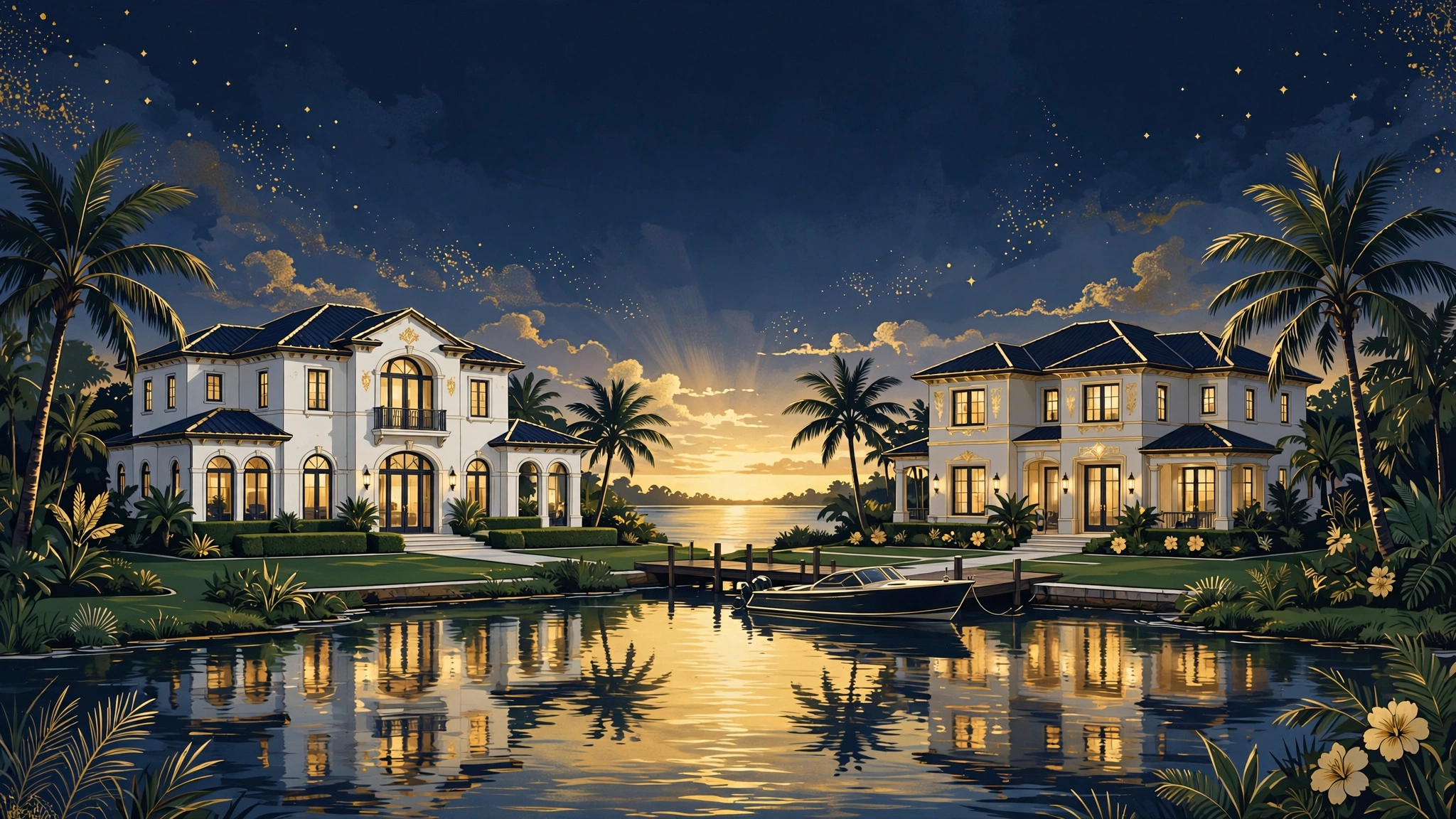Illustrated Florida waterfront homes representing Tucker Carlson's Boca Grande real estate