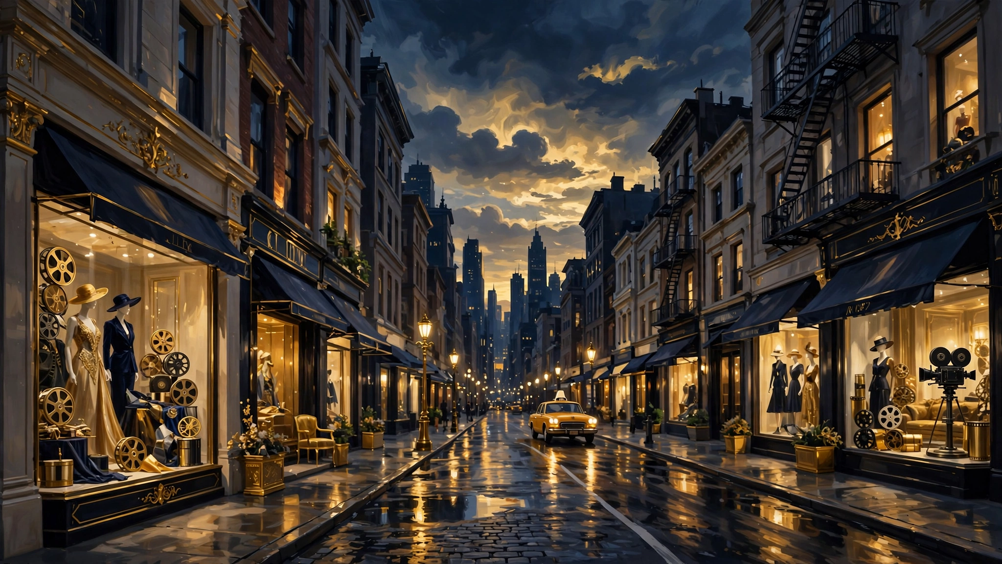 Illustrated Manhattan street scene evoking Stanford Blatch's world in Sex and the City