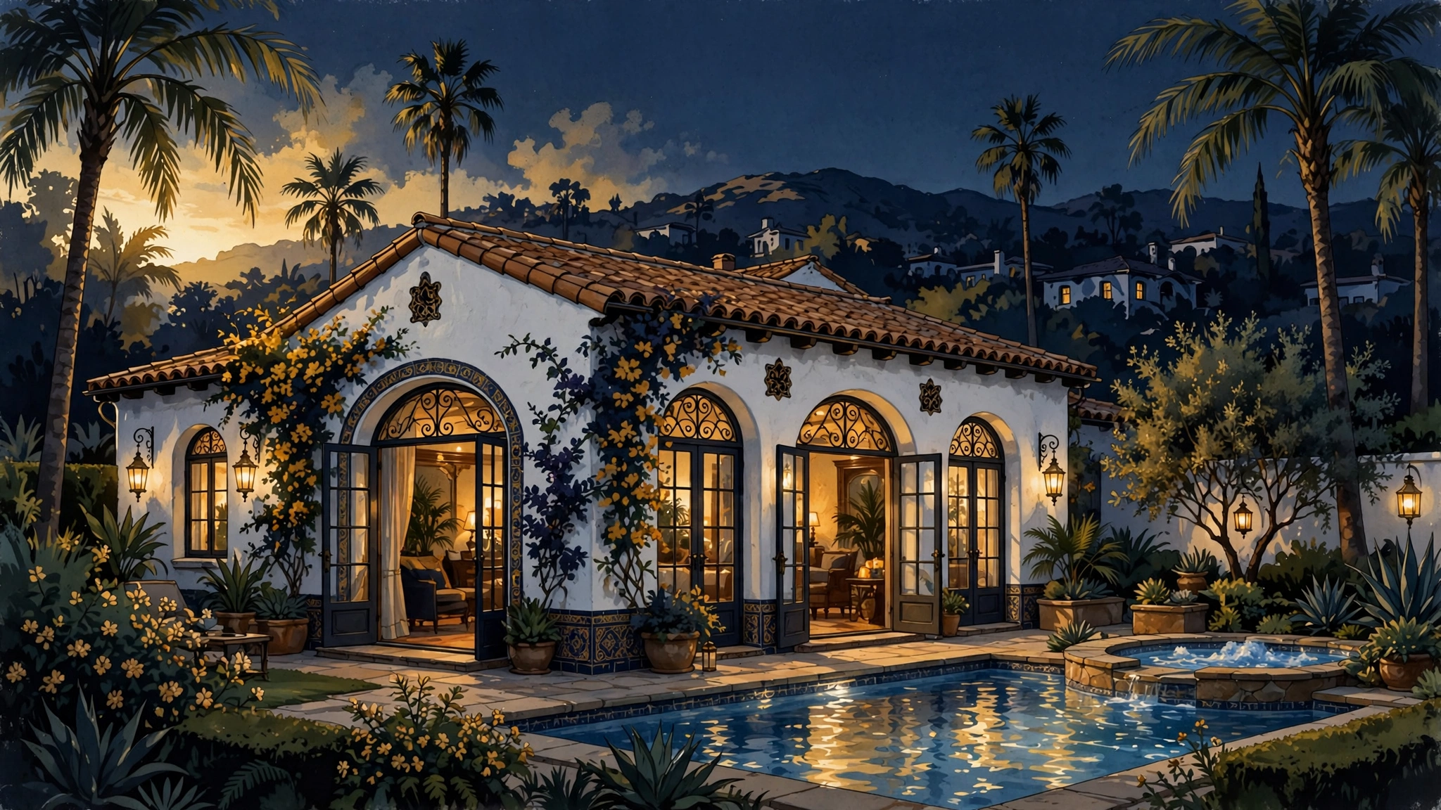 Illustrated 1920s Spanish-style bungalow with pool, evoking Willie Garson's Valley Village home