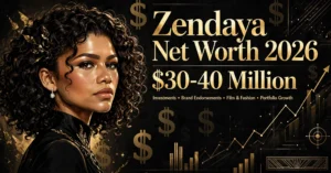 Zendaya net worth 2026 — estimated $30 to $40 million fortune infographic
