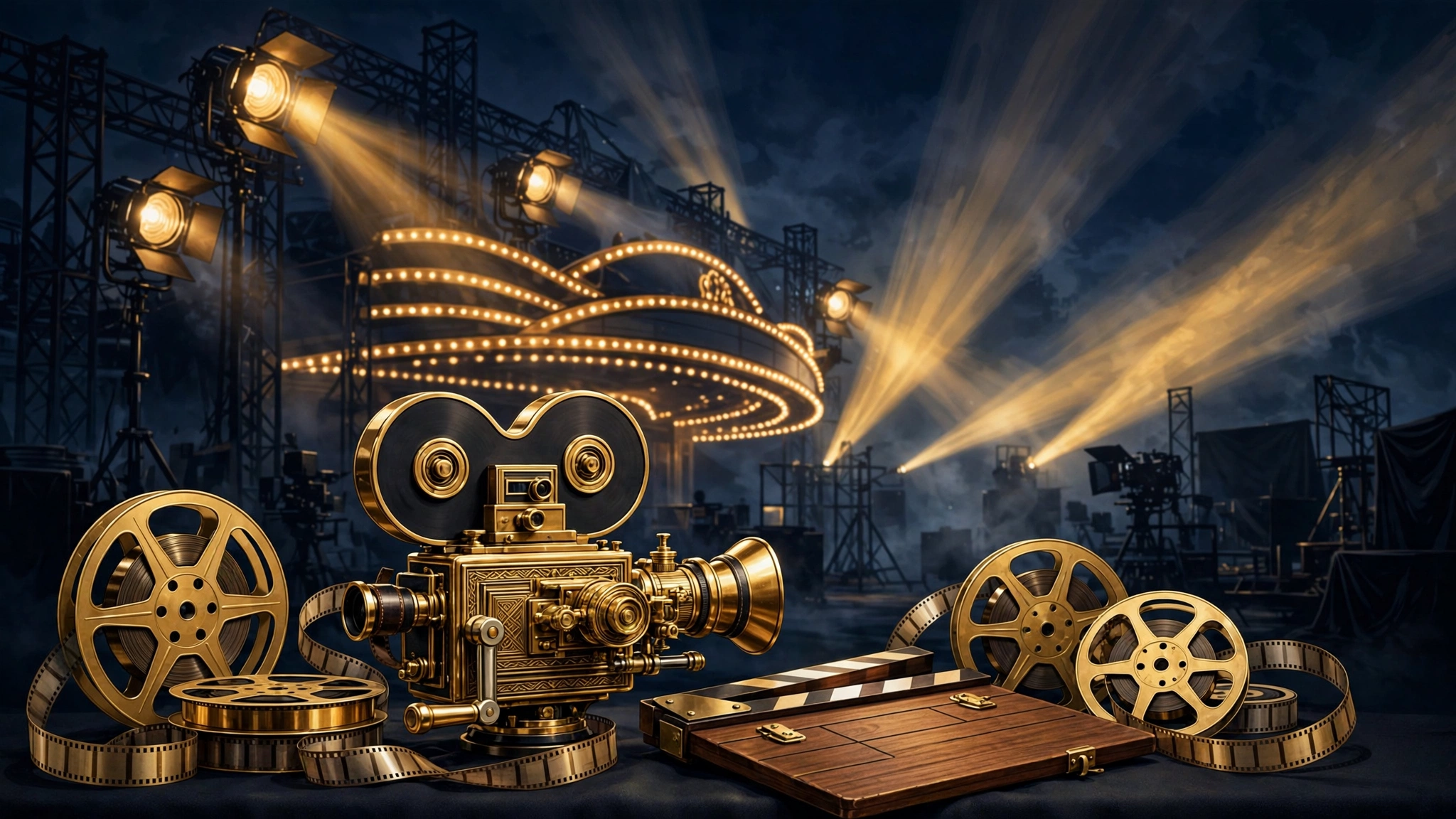 Illustrated vintage film camera on a night film set — Zendaya's movie paychecks