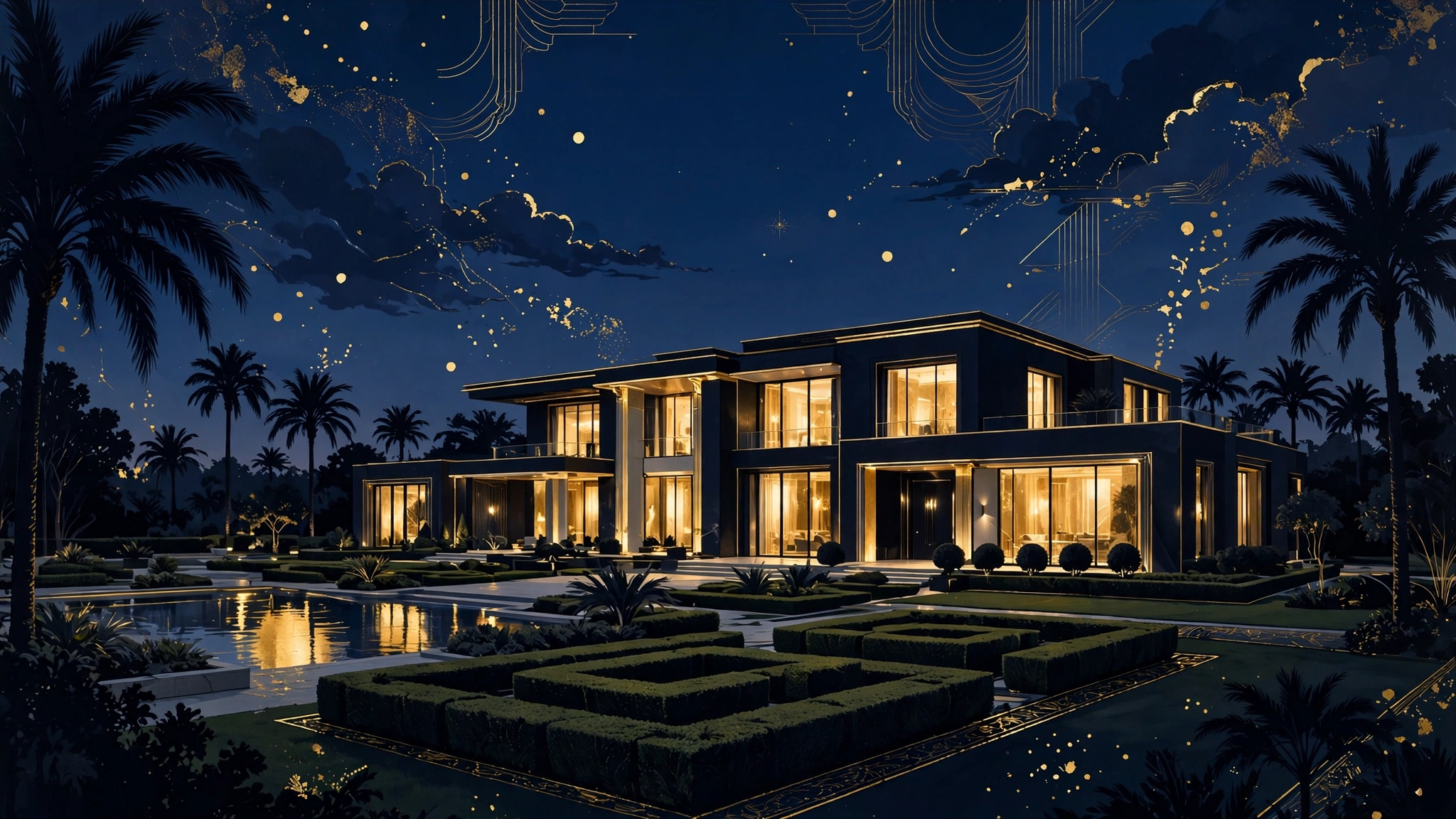 Illustrated luxury mansion at dusk — Zendaya's real estate