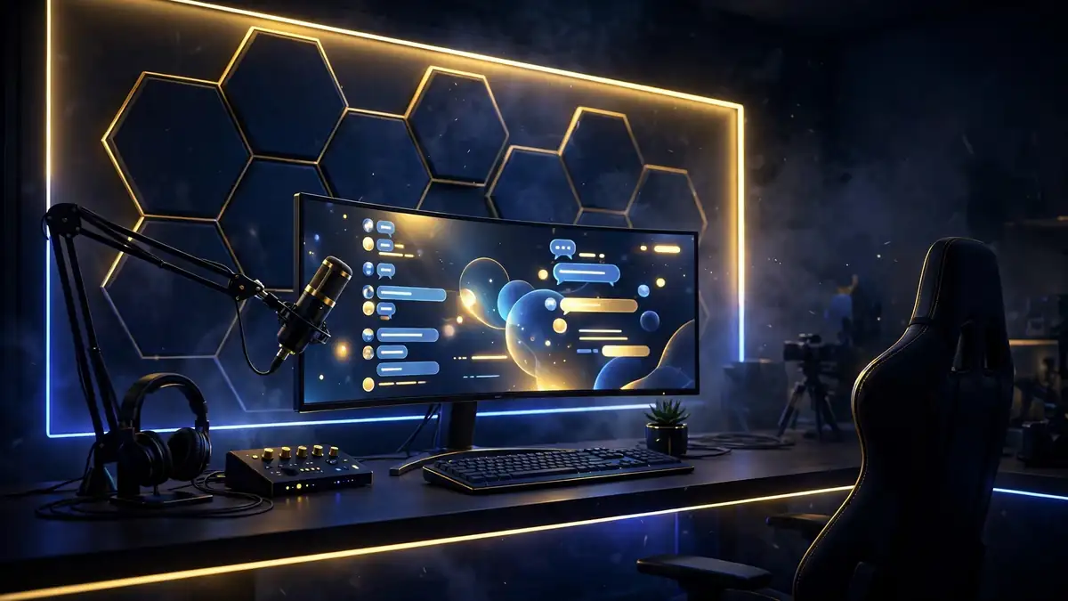 Illustrated livestreaming studio with glowing monitor and chat feed in dark navy and gold, representing Adin Ross's Kick streaming setup
