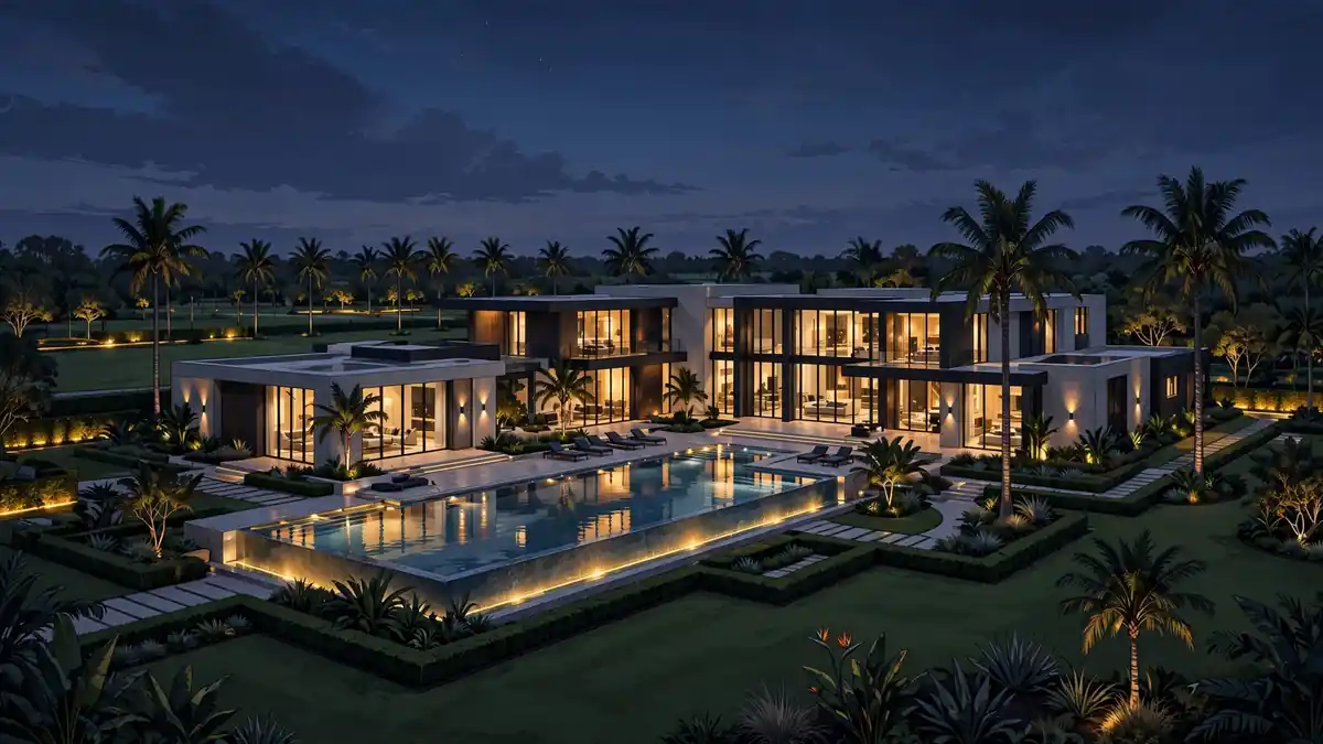 Illustrated Florida luxury mansion at dusk with pool and palm trees in dark navy and gold, representing Adin Ross's $25.5M Davie estate