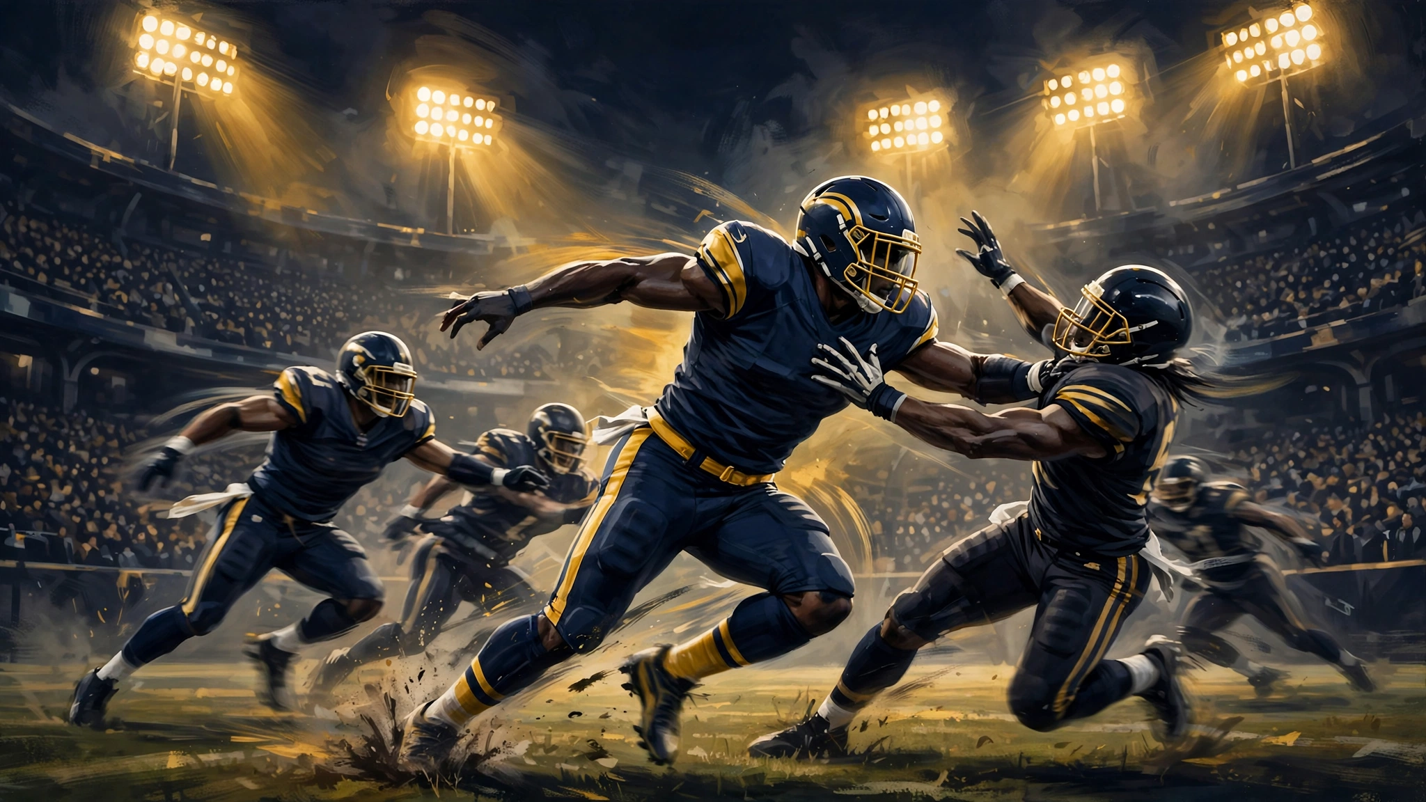 Illustrated NFL stadium scene with a running back breaking through defenders in navy and gold, representing Adrian Peterson's 2012 MVP season