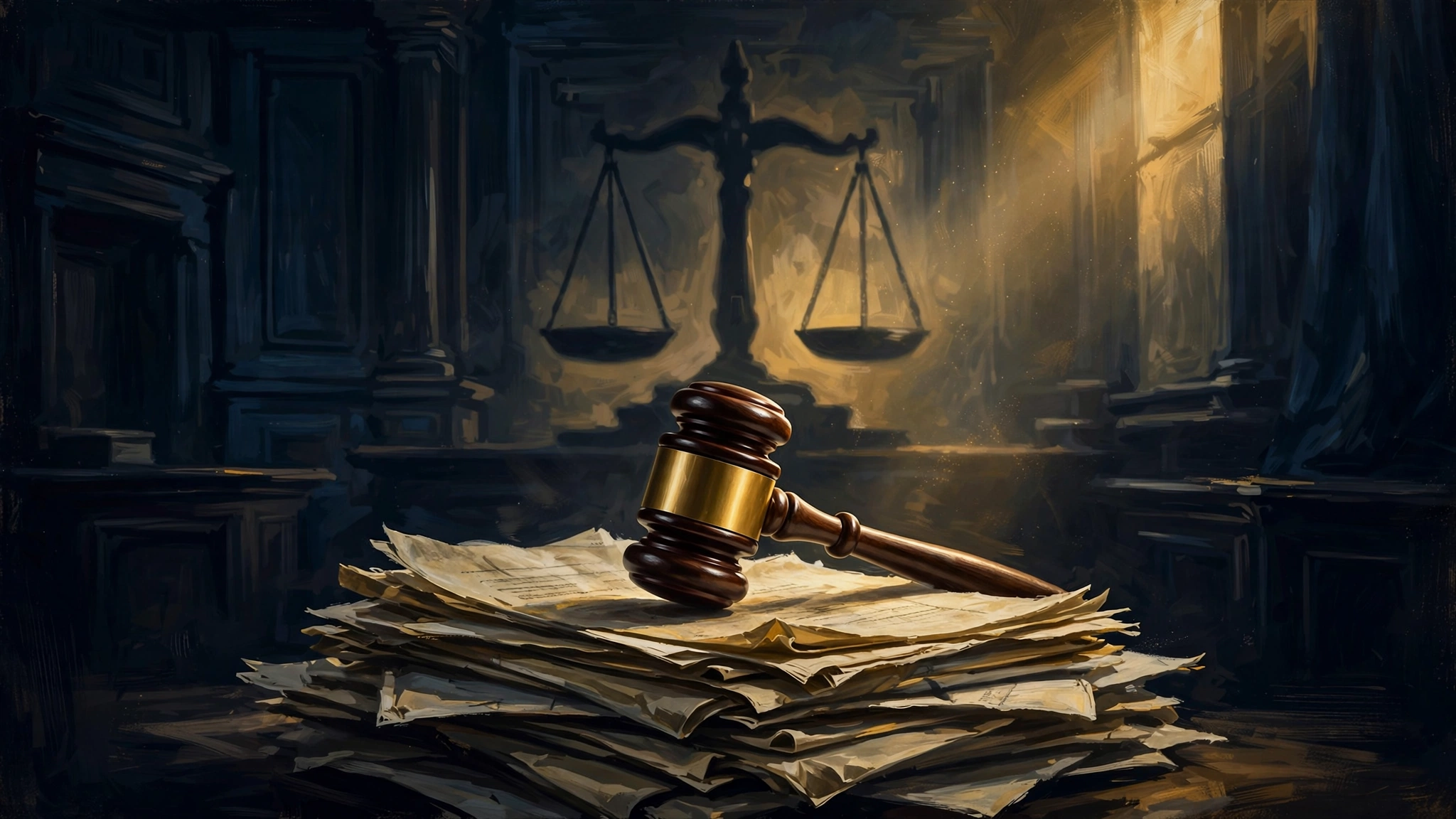 Illustrated courtroom scene with financial documents and a gavel in navy and gold, representing Adrian Peterson's debt judgments