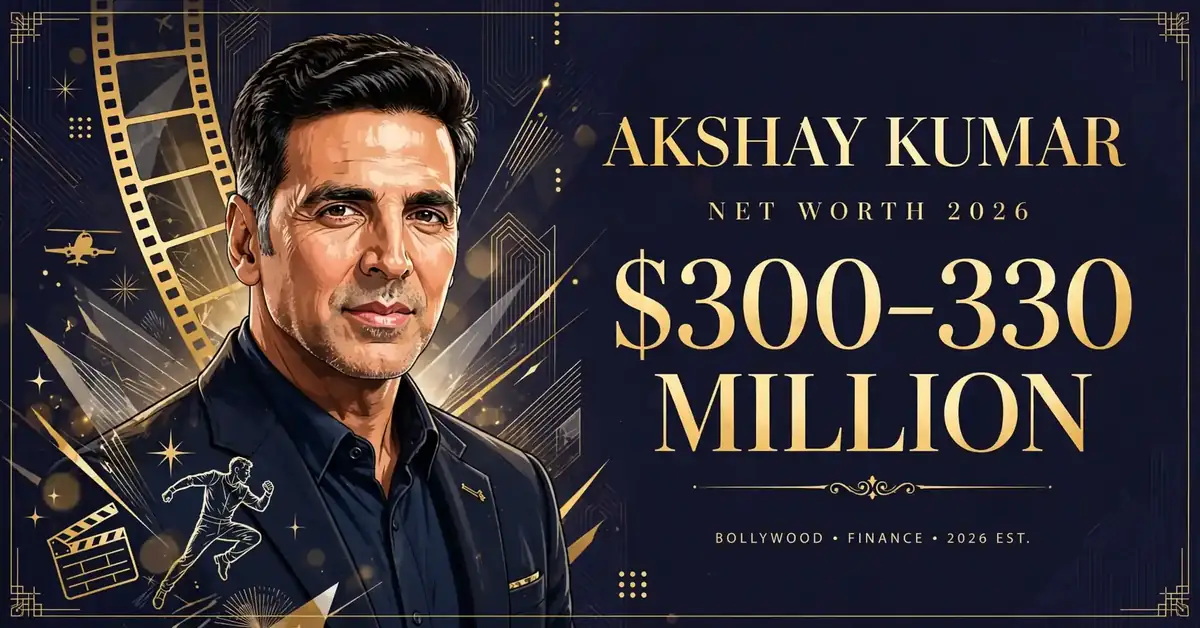 Akshay Kumar net worth 2026 — estimated $300 to $330 million fortune infographic