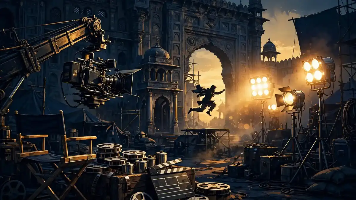 Illustration of a grand Bollywood film set at golden hour, tied to Akshay Kumar's producer economics