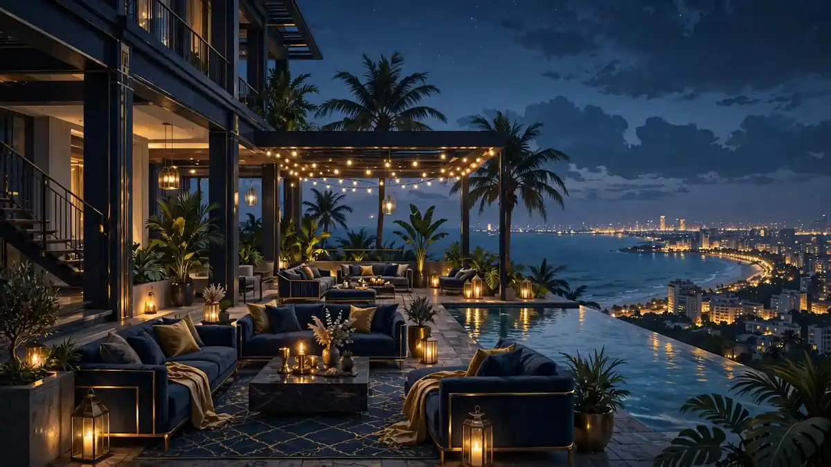 Illustration of a sea-facing luxury duplex terrace at dusk, tied to Akshay Kumar's Juhu real estate