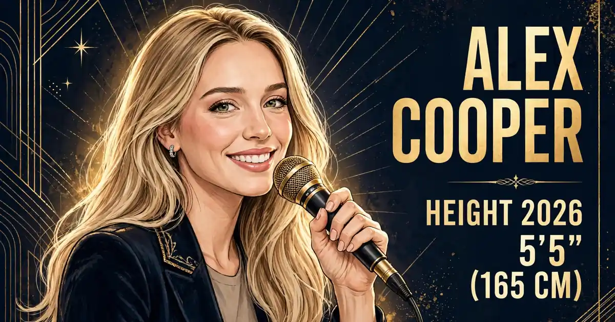 Alex Cooper height 2026 — stylized illustrated portrait of the blonde podcast host with ALEX COOPER HEIGHT 2026 5'5