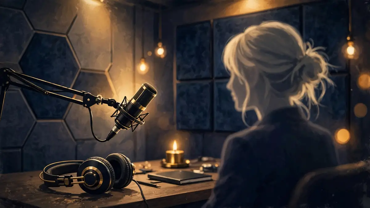 Illustrated podcast studio with a professional microphone, headphones and warm gold lighting