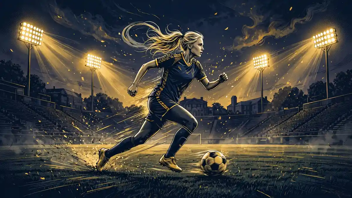 Illustrated women's college soccer player in a navy jersey sprinting with a ball under floodlights