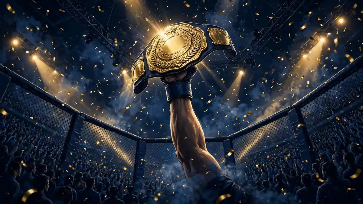 Illustrated night scene of a championship belt raised high inside a packed MMA octagon — Alex Pereira's title era