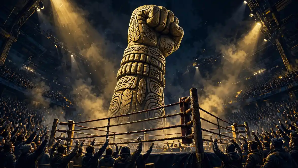 Illustrated giant stone fist totem rising over a night kickboxing arena — Alex Pereira's Glory'Poatan' era