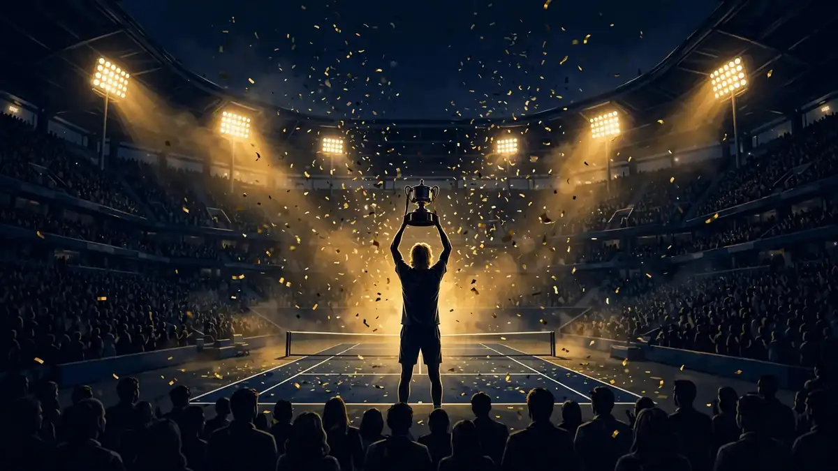 Illustrated night scene of a tennis stadium with a tall player lifting a Grand Slam trophy under floodlights