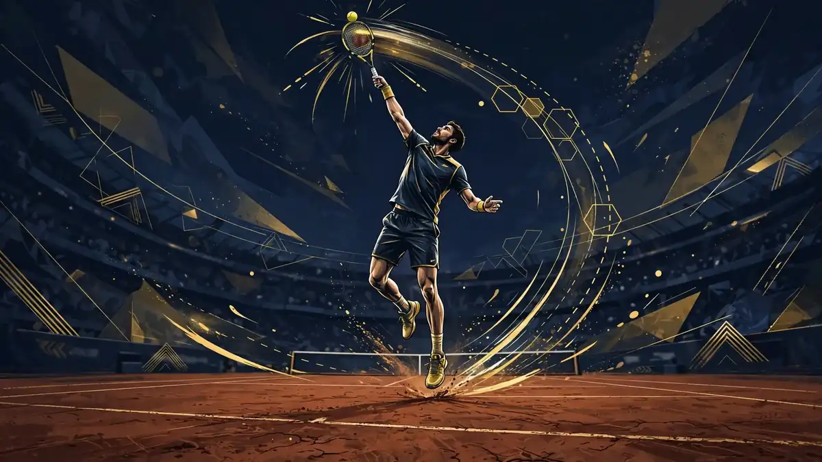 Stylized illustration of a tall tennis player mid-serve on a clay court with golden trajectory lines