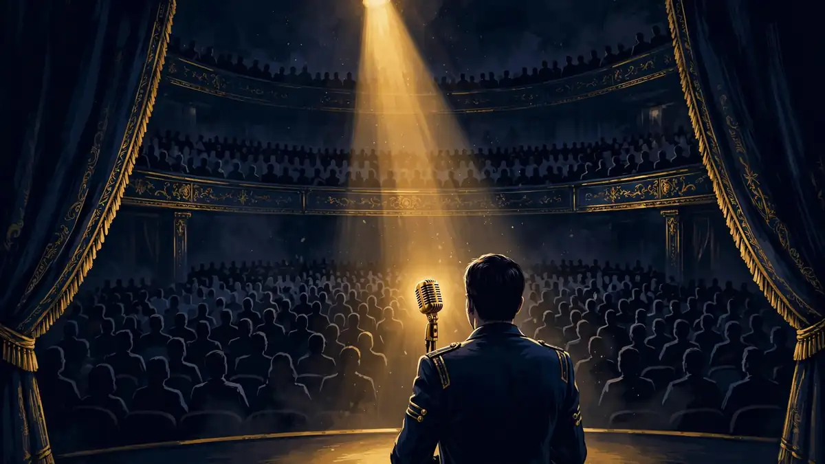 Illustrated sold-out theater with golden spotlight on a microphone, evoking Ali Wong's 2026 live tour