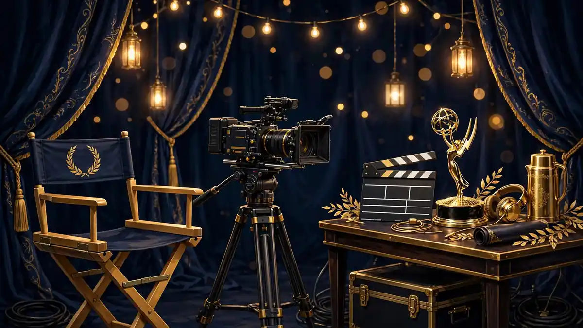 Illustrated prestige TV film set with Emmy-style gold statuette, evoking Ali Wong's award-winning acting and producing career