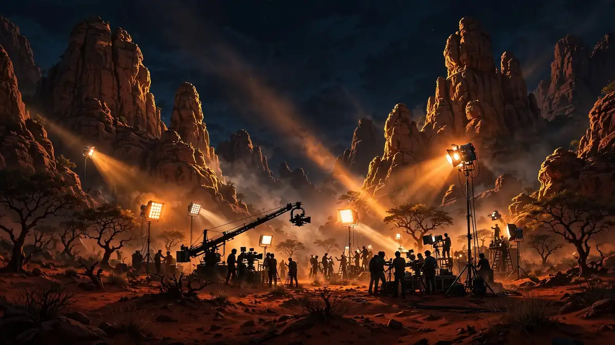 Illustration of a dramatic Telugu film set in a red-sand forest at night, tying into Allu Arjun's Pushpa-era economics