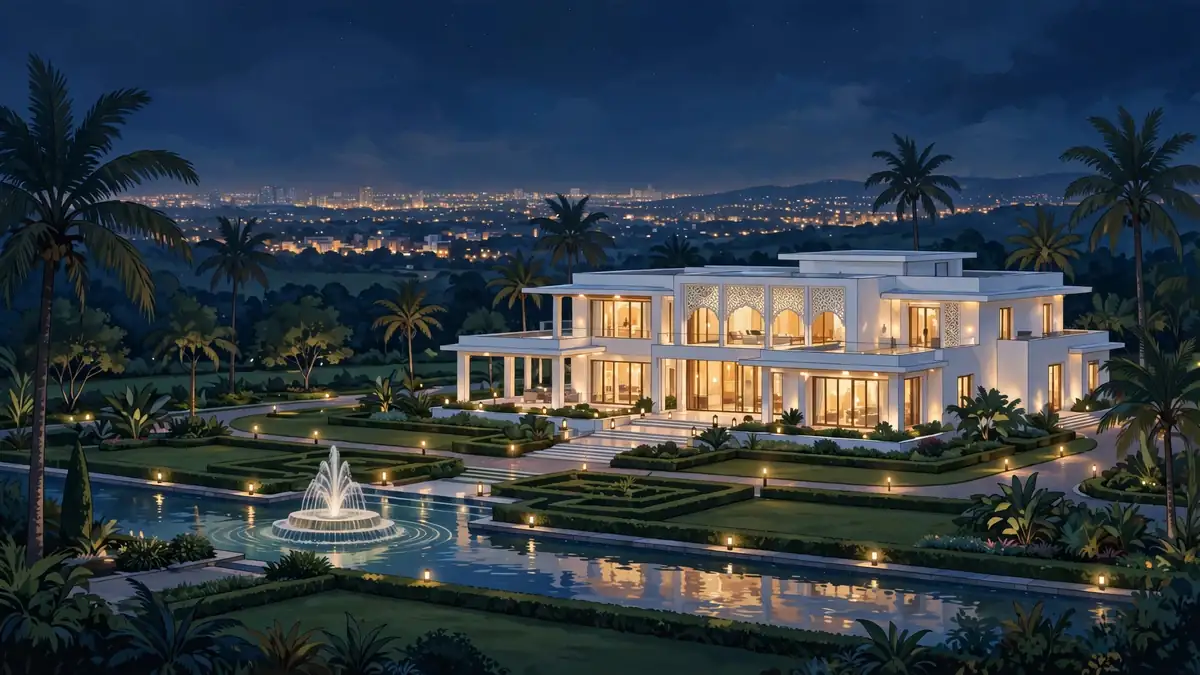 Illustrated night view of Allu Arjun's luxury Hyderabad mansion'Blessing' in Jubilee Hills