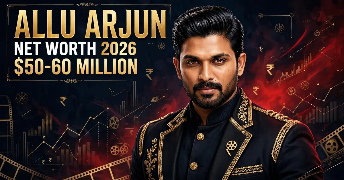 Allu Arjun net worth 2026 — estimated $50 to $60 million fortune infographic