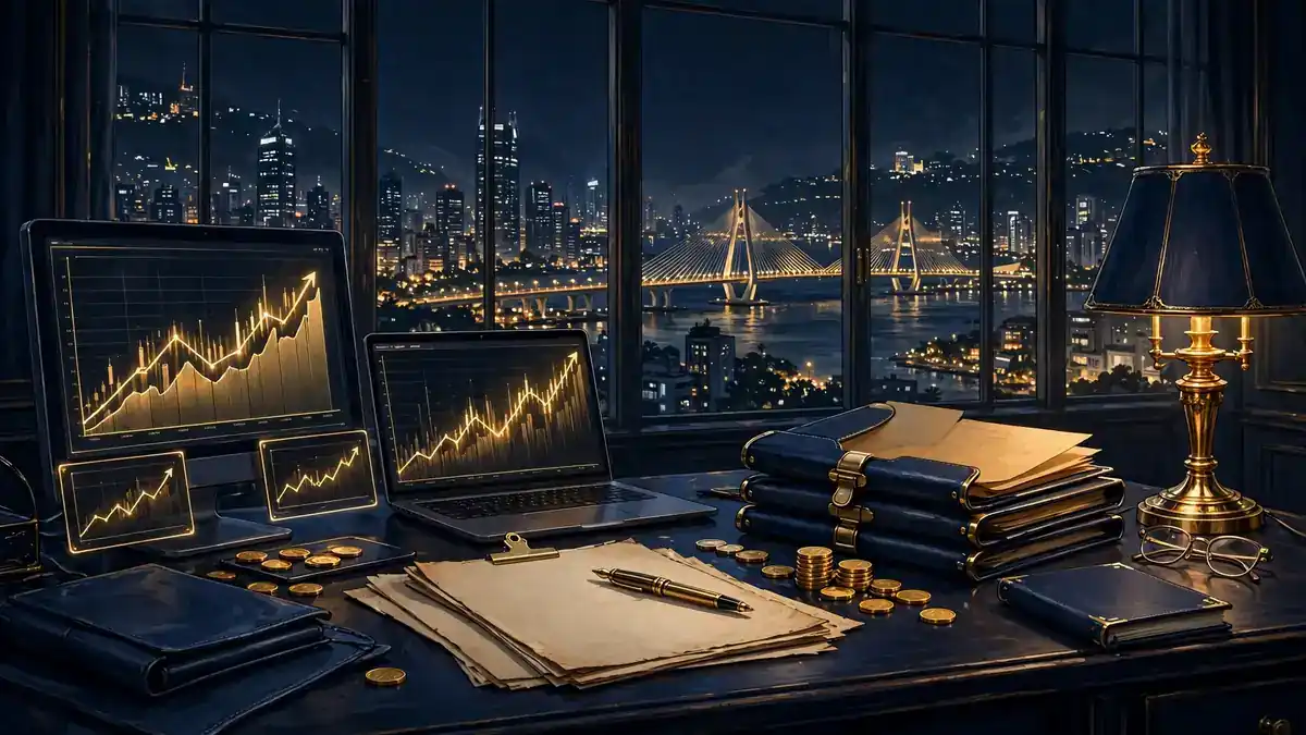 Night-time illustration of a Mumbai family office desk with rising investment charts, share documents and gold accents