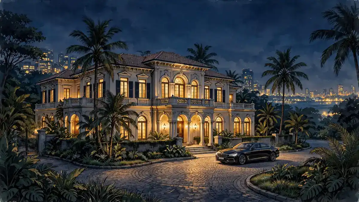 Illustration of a grand Juhu mansion at dusk with warm golden windows, representing Amitabh Bachchan's Mumbai real estate holdings