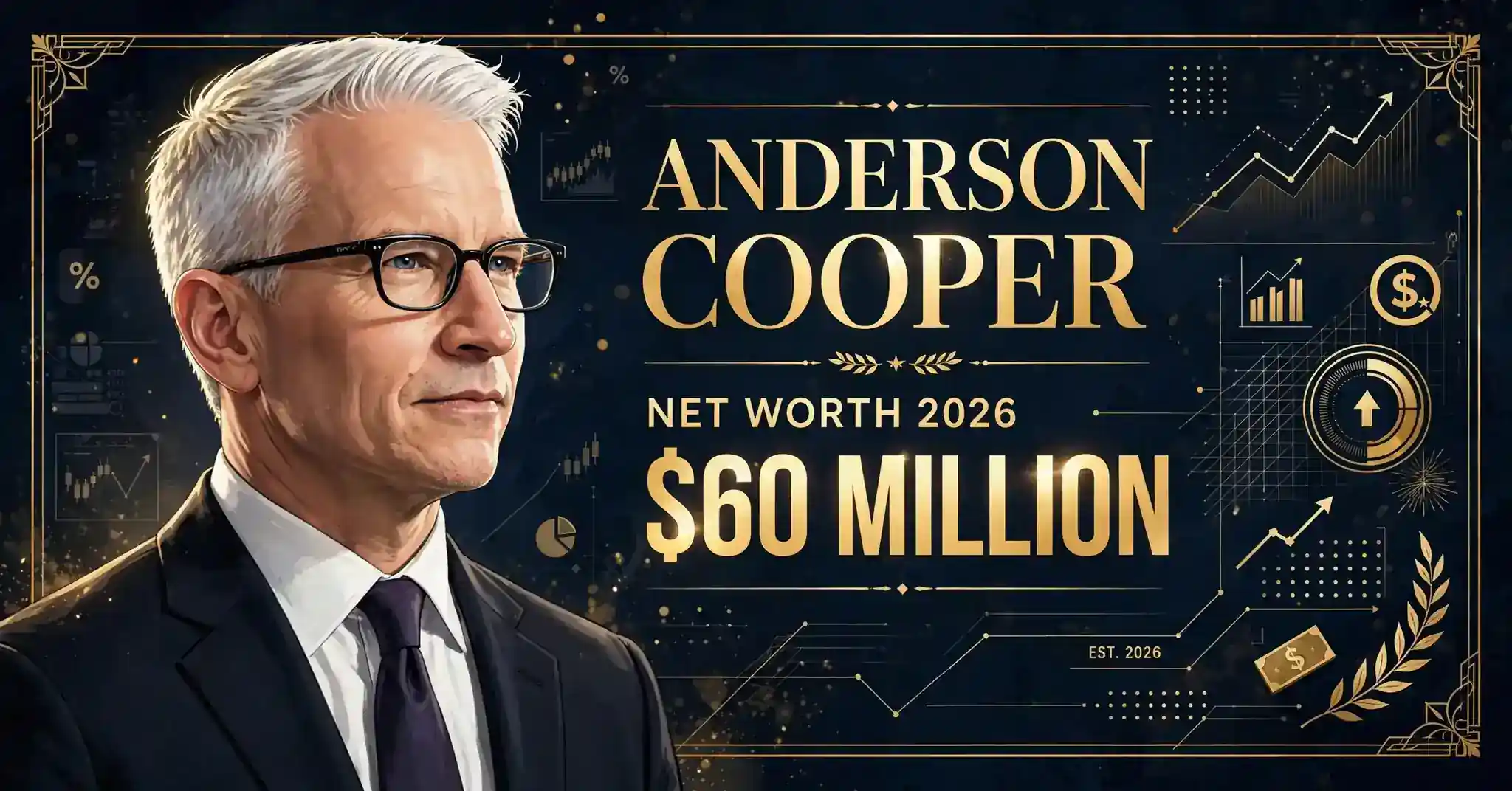 Anderson Cooper net worth 2026 — estimated $60 to $200 million fortune infographic