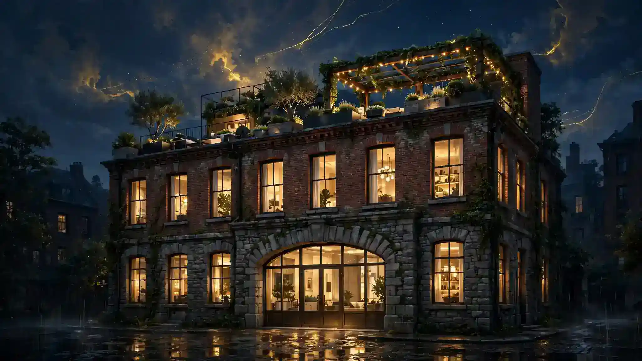 Illustrated historic firehouse converted into a luxury residence at night with a rooftop garden